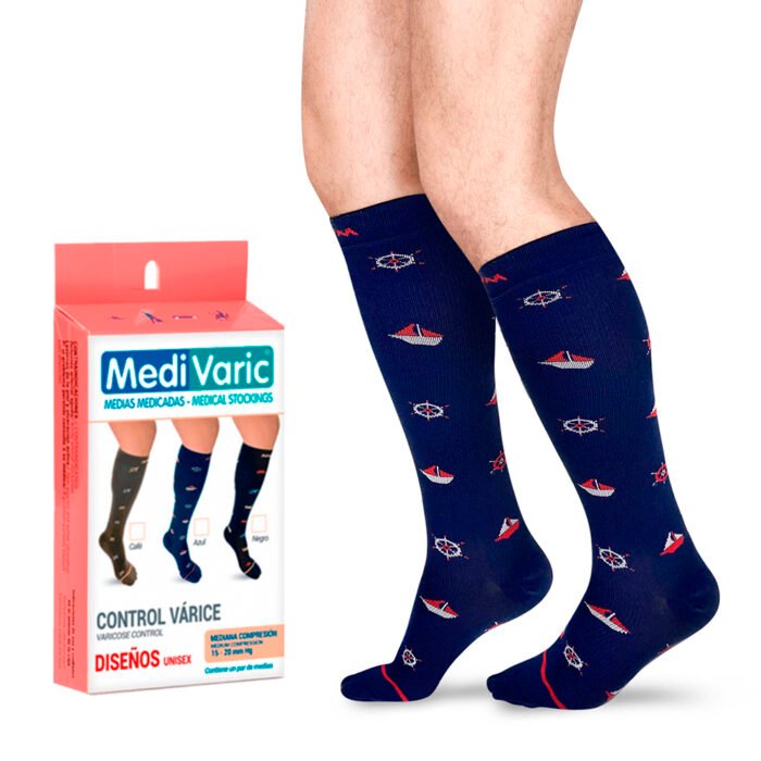 Calcetín de Diseño Estampado Compresión Media 15-20 mmHg Medivaric 3723p estampado azul barcos.